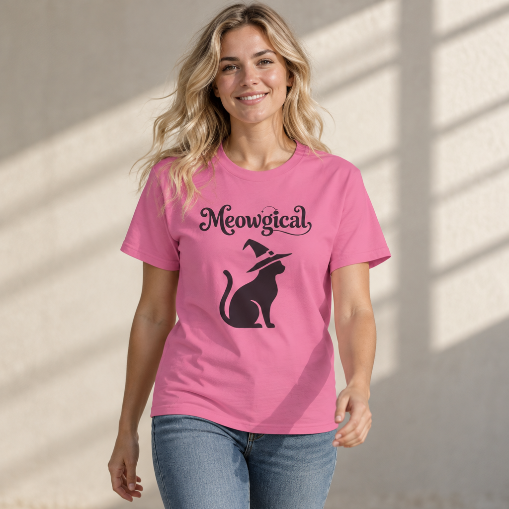 Meowgical Witch Cat T-Shirt | Black Cat Silhouette Wearing A Witch's Hat | Ideal For Halloween or Any White Witches Out There Looking To Bring Some Magical Fun To Your Casual Wear | Shipped UK