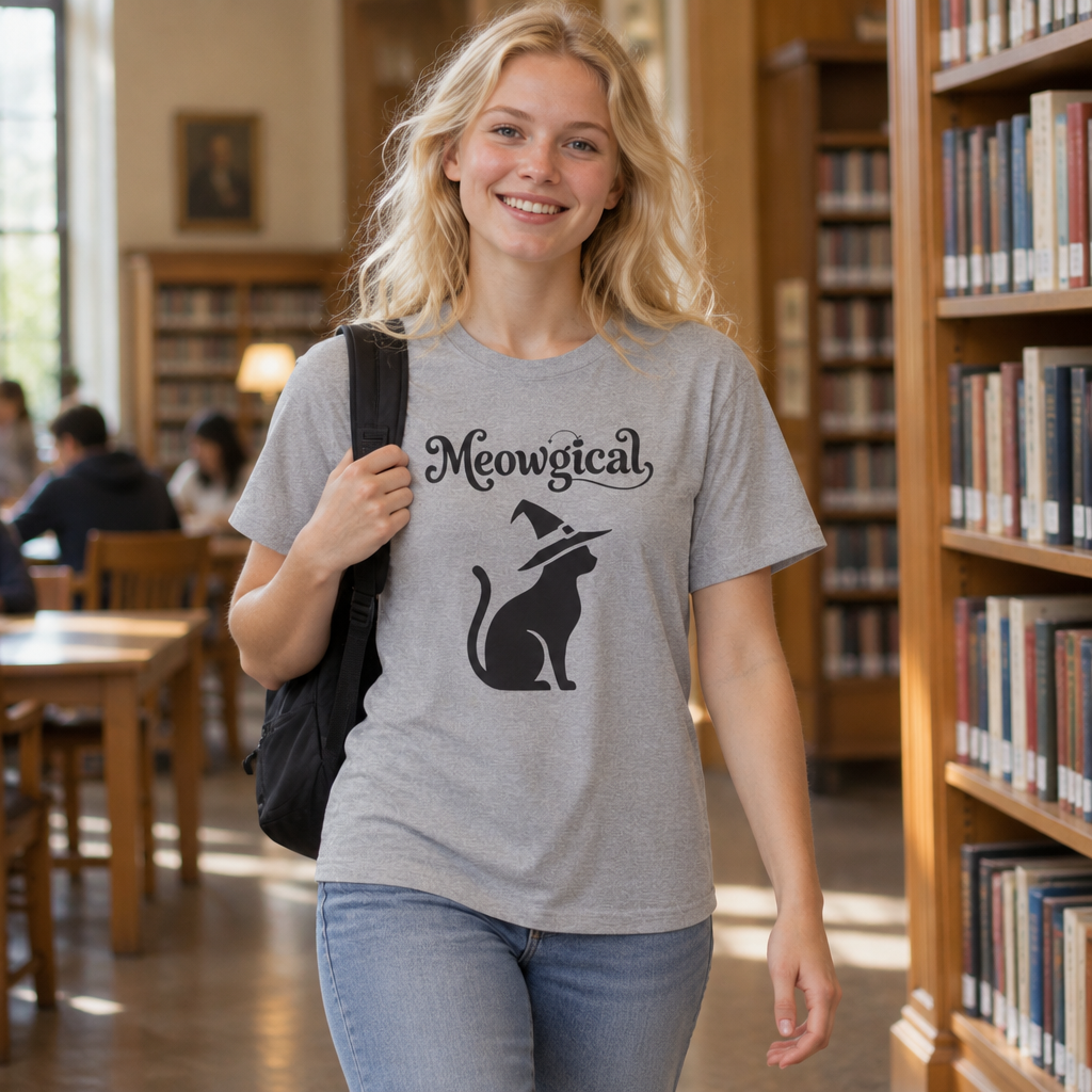 Meowgical Witch Cat T-Shirt | Black Cat Silhouette Wearing A Witch's Hat | Ideal For Halloween or Any White Witches Out There Looking To Bring Some Magical Fun To Your Casual Wear | Shipped UK