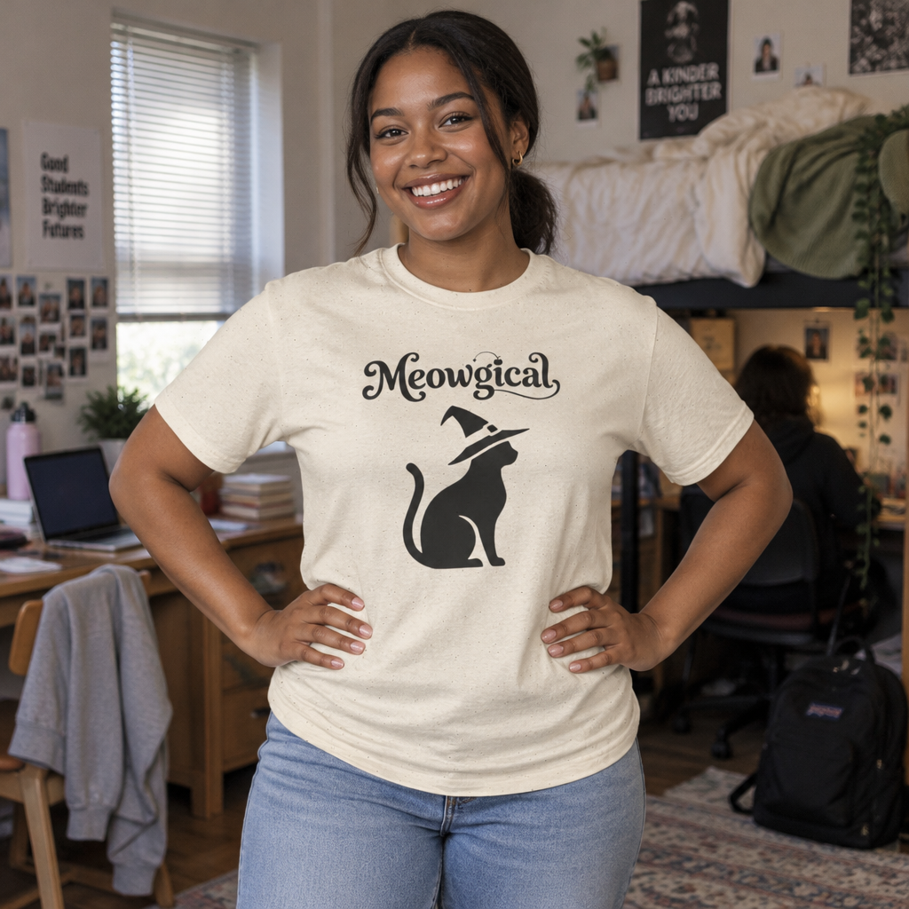 Meowgical Witch Cat T-Shirt | Black Cat Silhouette Wearing A Witch's Hat | Ideal For Halloween or Any White Witches Out There Looking To Bring Some Magical Fun To Your Casual Wear | Shipped UK