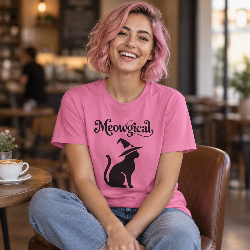 Meowgical Witch Cat T-Shirt | Black Cat Silhouette Wearing A Witch's Hat | Ideal For Halloween or Any White Witches Out There Looking To Bring Some Magical Fun To Your Casual Wear | Shipped UK