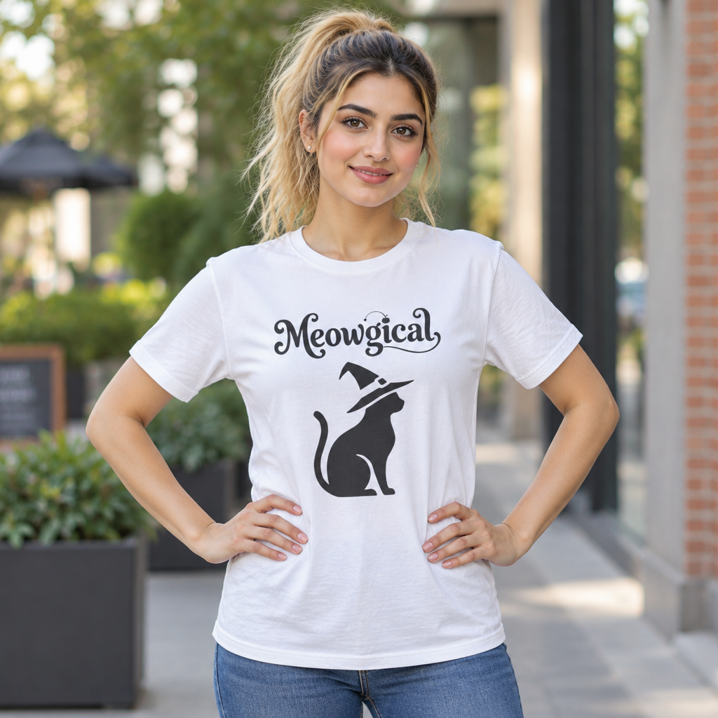 Meowgical Witch Cat T-Shirt | Black Cat Silhouette Wearing A Witch's Hat | Ideal For Halloween or Any White Witches Out There Looking To Bring Some Magical Fun To Your Casual Wear | Shipped UK