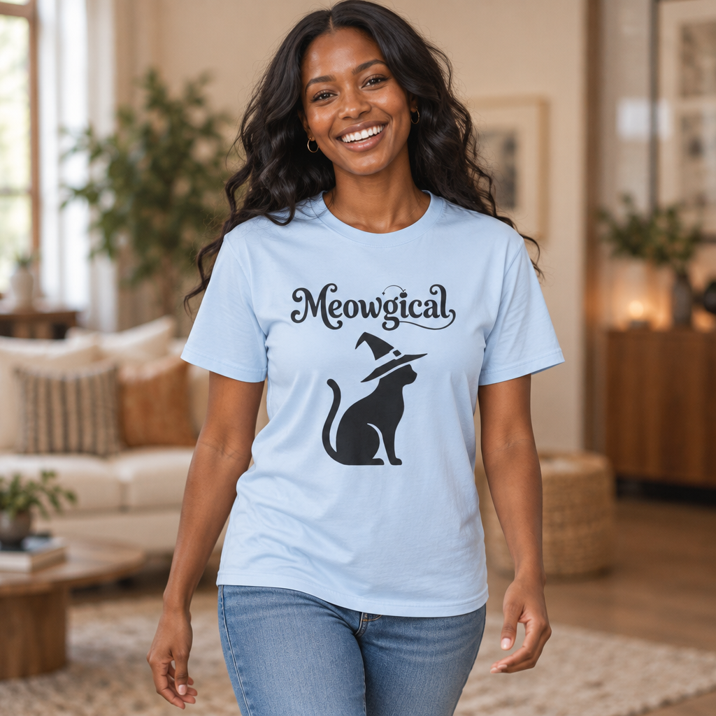 Meowgical Witch Cat T-Shirt | Black Cat Silhouette Wearing A Witch's Hat | Ideal For Halloween or Any White Witches Out There Looking To Bring Some Magical Fun To Your Casual Wear | Shipped UK