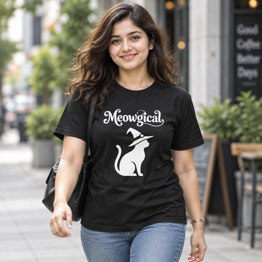 Meowgical Witch Cat T-Shirt | White Cat Silhouette Wearing A Witch's Hat | Ideal For Halloween or Any White Witches Out There Looking To Bring Some Magical Fun To Your Casual Wear | Shipped UK