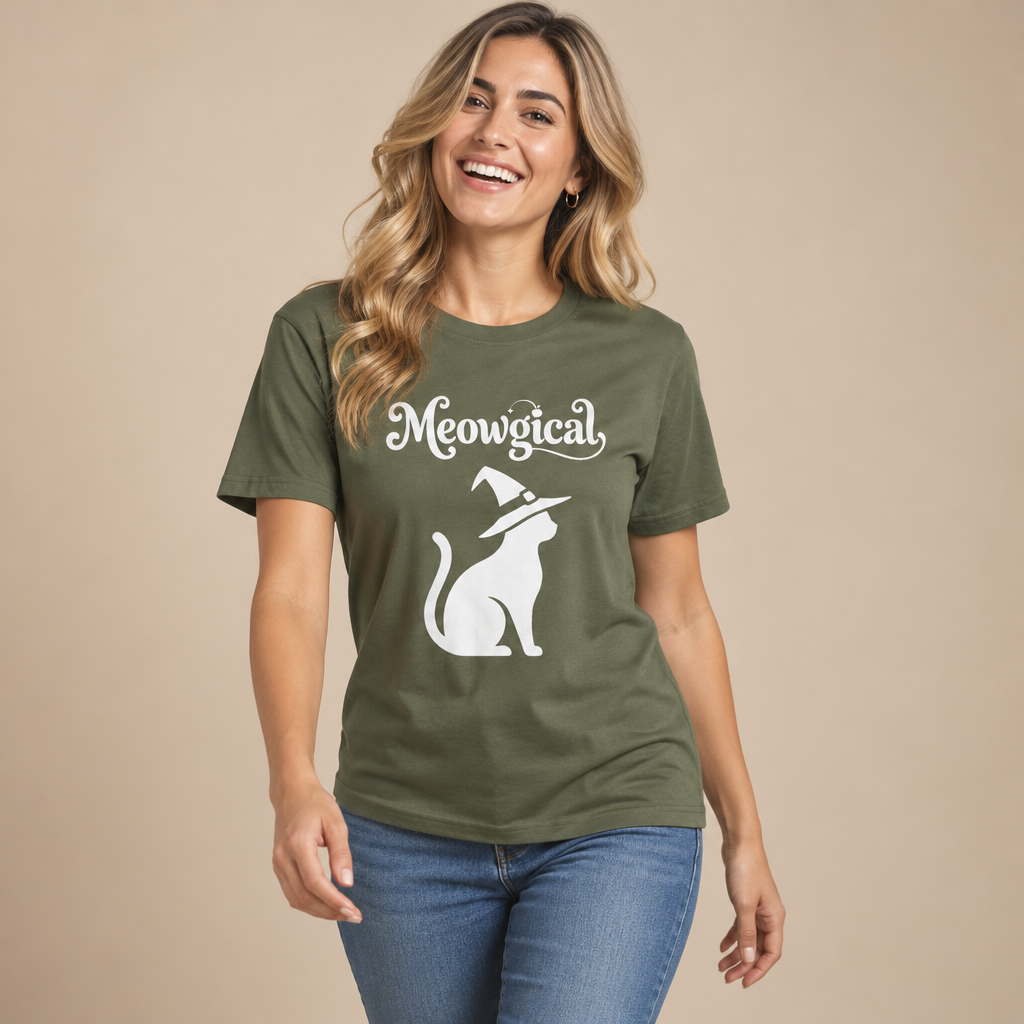 Meowgical Witch Cat T-Shirt | White Cat Silhouette Wearing A Witch's Hat | Ideal For Halloween or Any White Witches Out There Looking To Bring Some Magical Fun To Your Casual Wear | Shipped UK