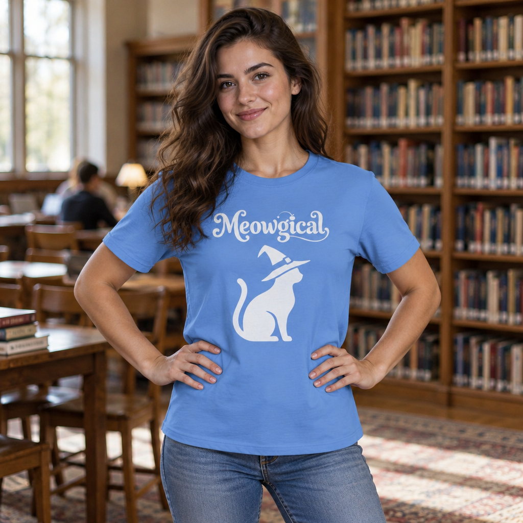 Meowgical Witch Cat T-Shirt | White Cat Silhouette Wearing A Witch's Hat | Ideal For Halloween or Any White Witches Out There Looking To Bring Some Magical Fun To Your Casual Wear | Shipped UK