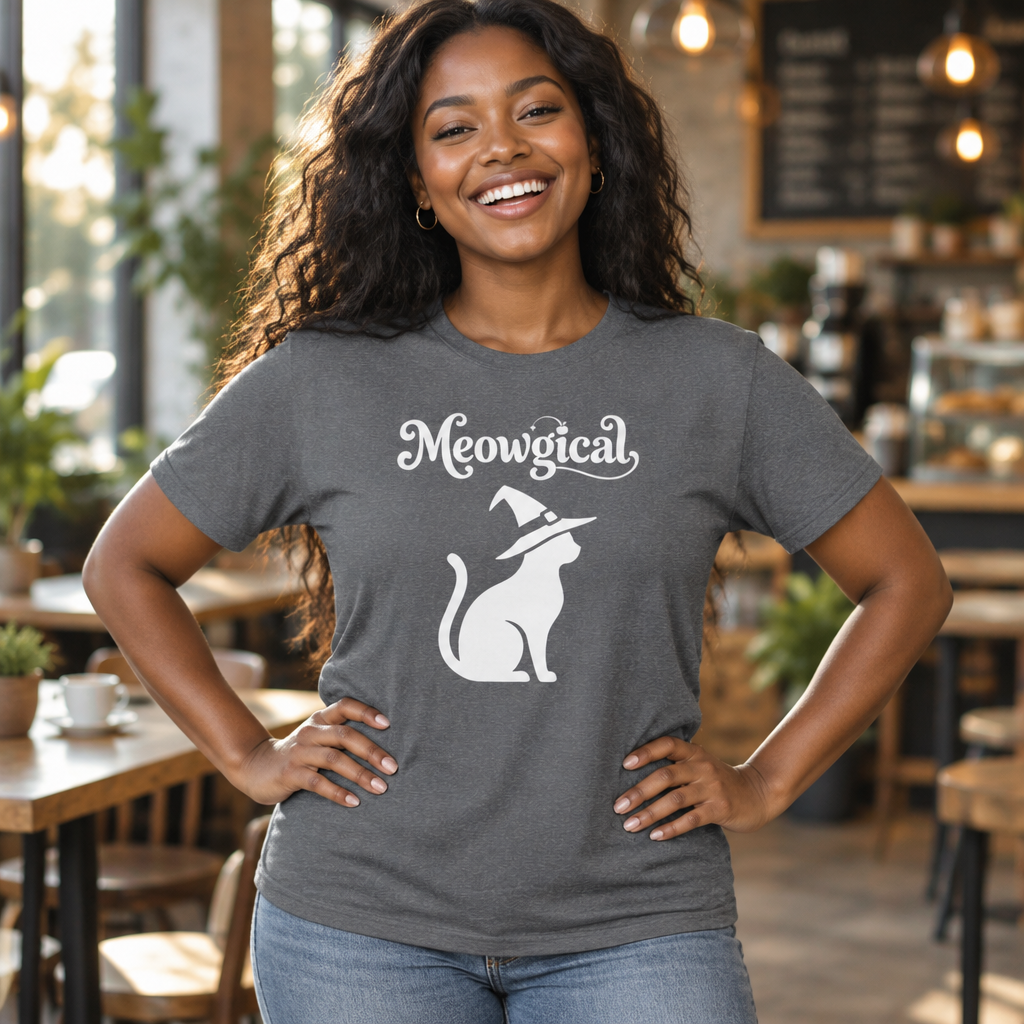 Meowgical Witch Cat T-Shirt | White Cat Silhouette Wearing A Witch's Hat | Ideal For Halloween or Any White Witches Out There Looking To Bring Some Magical Fun To Your Casual Wear | Shipped UK