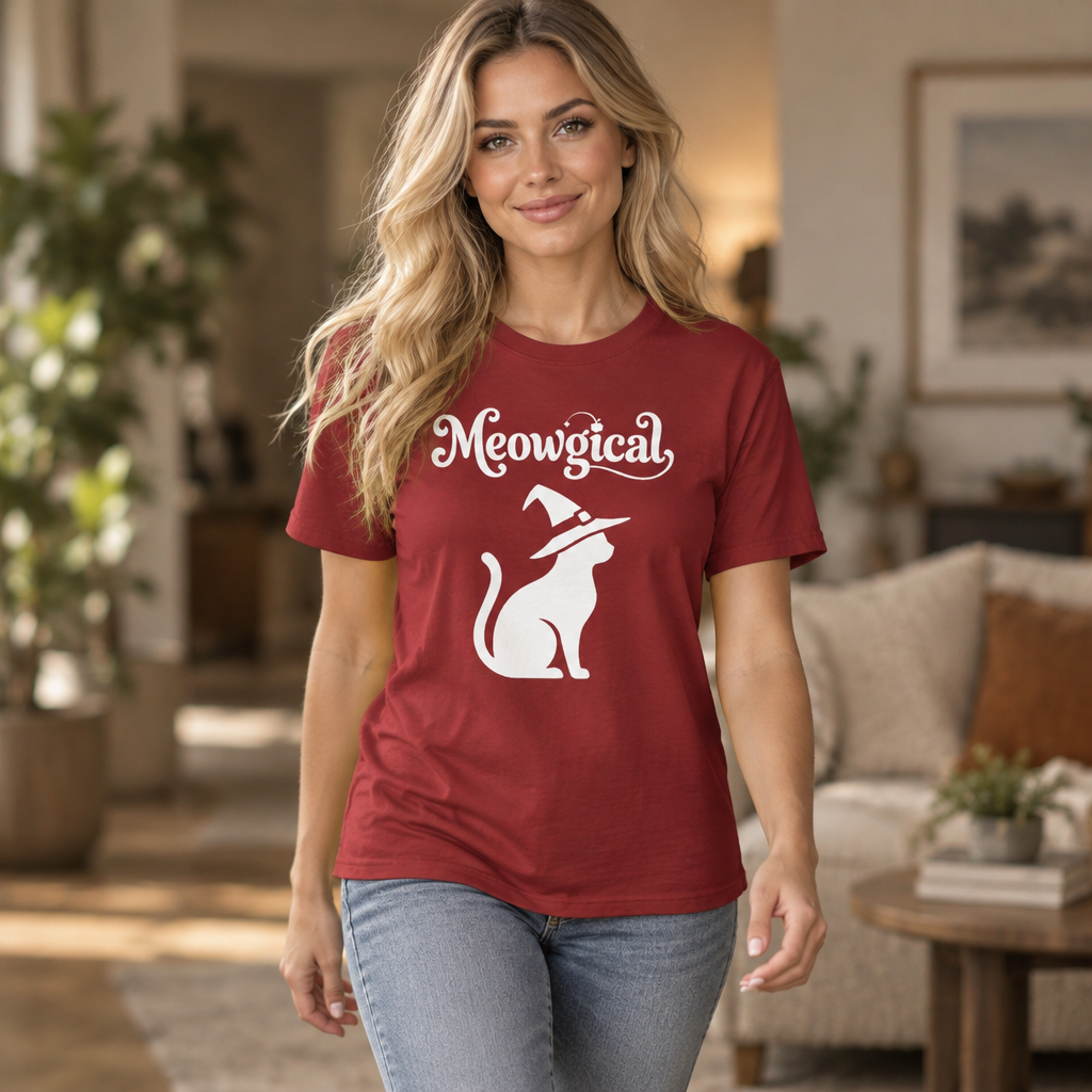 Meowgical Witch Cat T-Shirt | White Cat Silhouette Wearing A Witch's Hat | Ideal For Halloween or Any White Witches Out There Looking To Bring Some Magical Fun To Your Casual Wear | Shipped UK