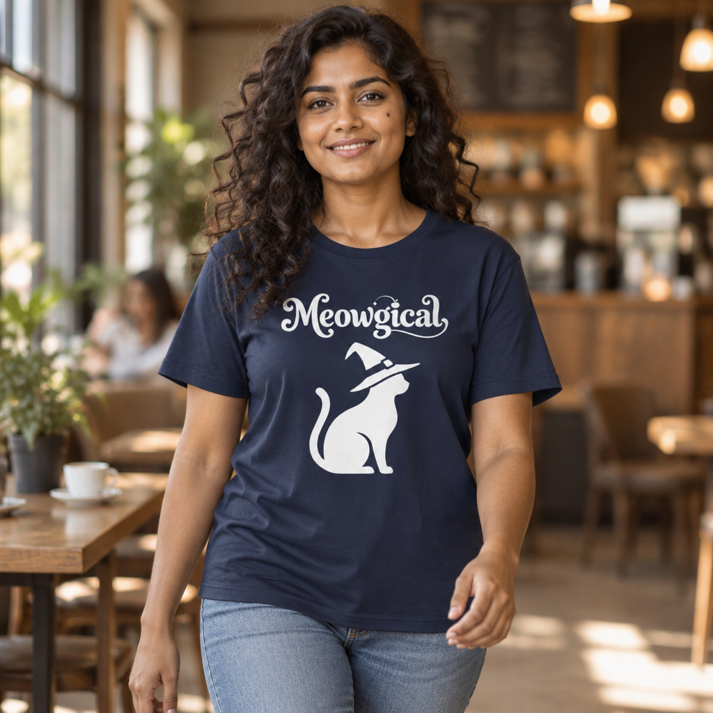 Meowgical Witch Cat T-Shirt | White Cat Silhouette Wearing A Witch's Hat | Ideal For Halloween or Any White Witches Out There Looking To Bring Some Magical Fun To Your Casual Wear | Shipped UK