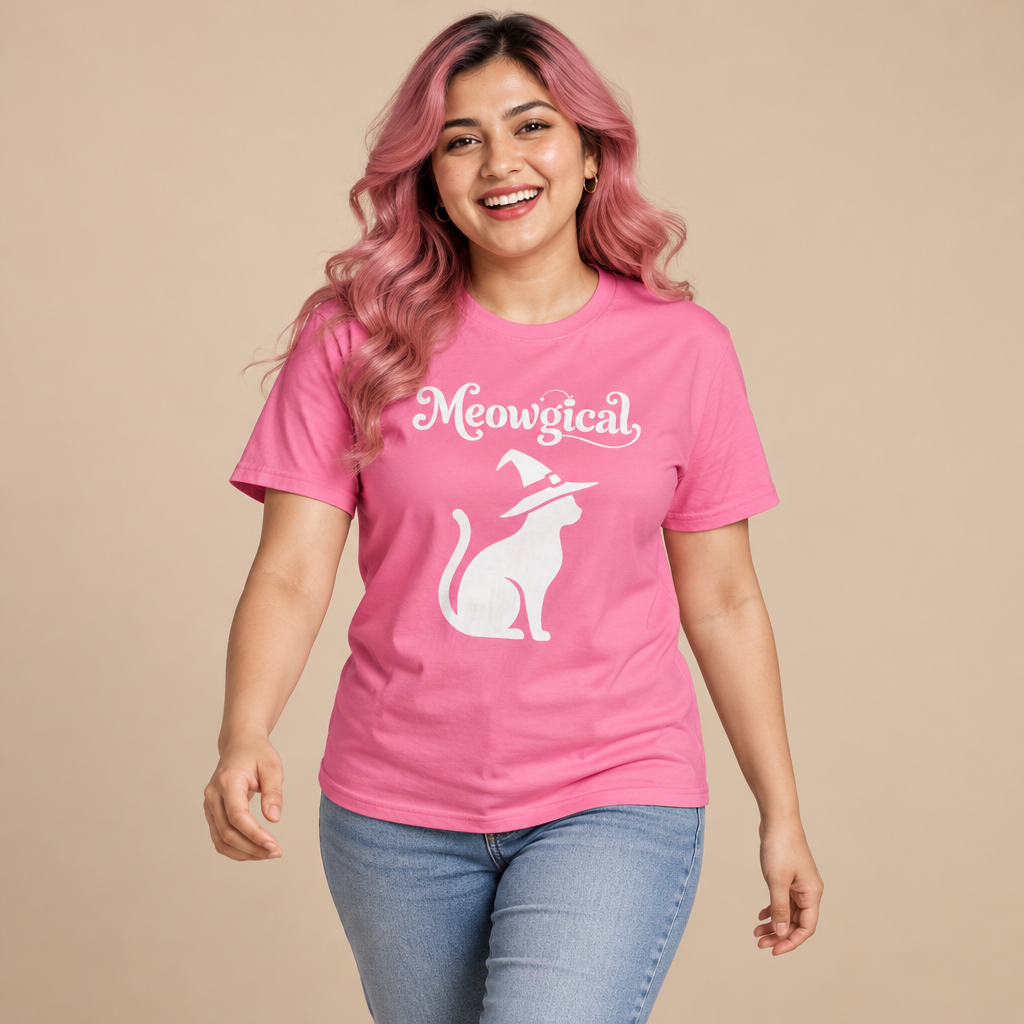 Meowgical Witch Cat T-Shirt | White Cat Silhouette Wearing A Witch's Hat | Ideal For Halloween or Any White Witches Out There Looking To Bring Some Magical Fun To Your Casual Wear | Shipped UK