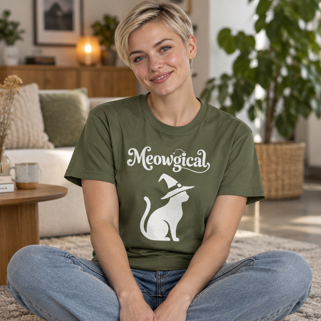 Meowgical Witch Cat T-Shirt | White Cat Silhouette Wearing A Witch's Hat | Ideal For Halloween or Any White Witches Out There Looking To Bring Some Magical Fun To Your Casual Wear | Shipped UK