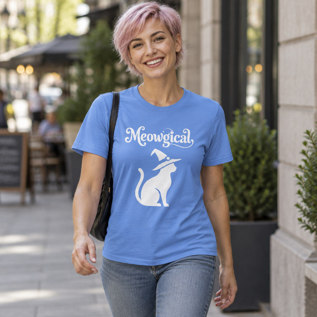 Meowgical Witch Cat T-Shirt | White Cat Silhouette Wearing A Witch's Hat | Ideal For Halloween or Any White Witches Out There Looking To Bring Some Magical Fun To Your Casual Wear | Shipped UK