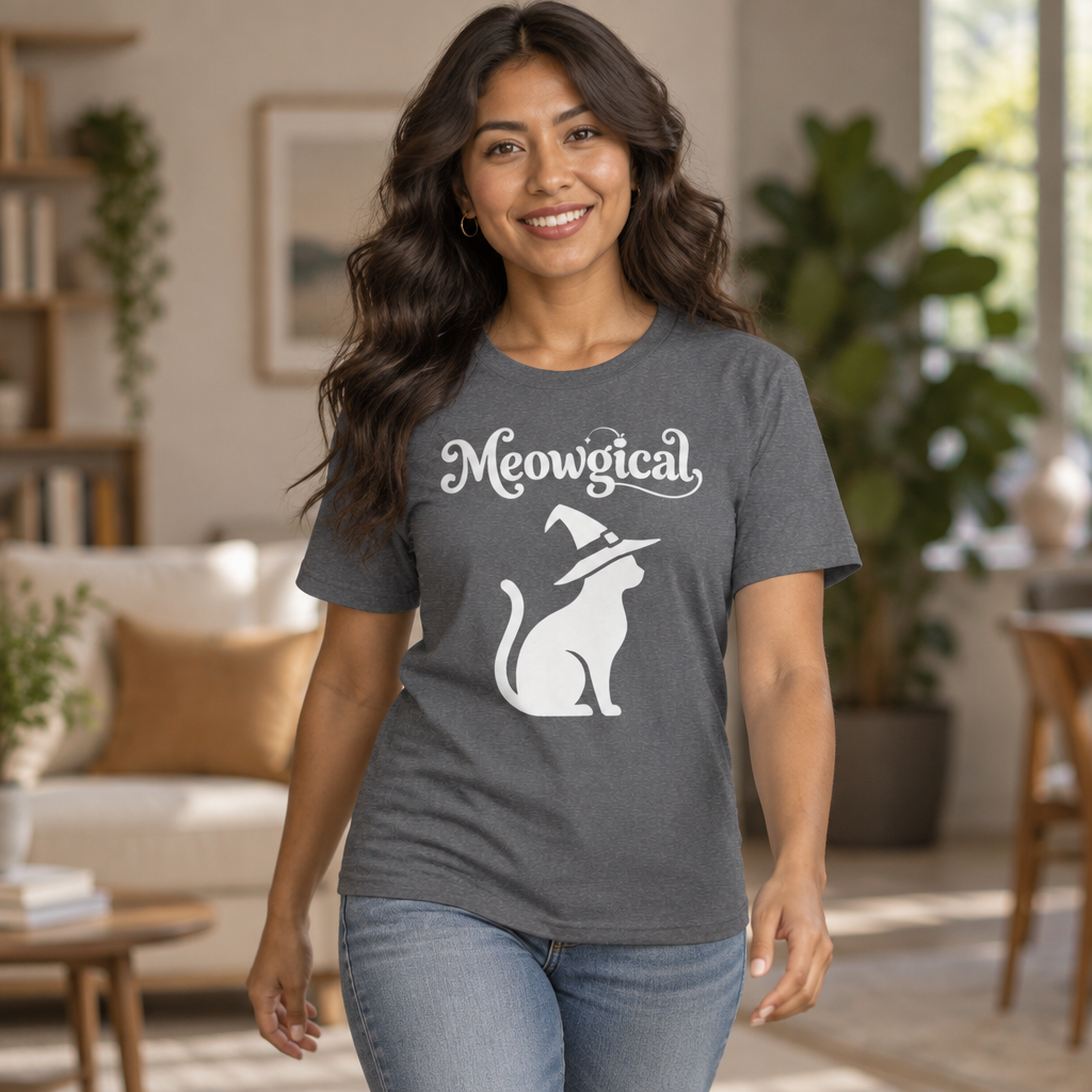 Meowgical Witch Cat T-Shirt | White Cat Silhouette Wearing A Witch's Hat | Ideal For Halloween or Any White Witches Out There Looking To Bring Some Magical Fun To Your Casual Wear | Shipped UK