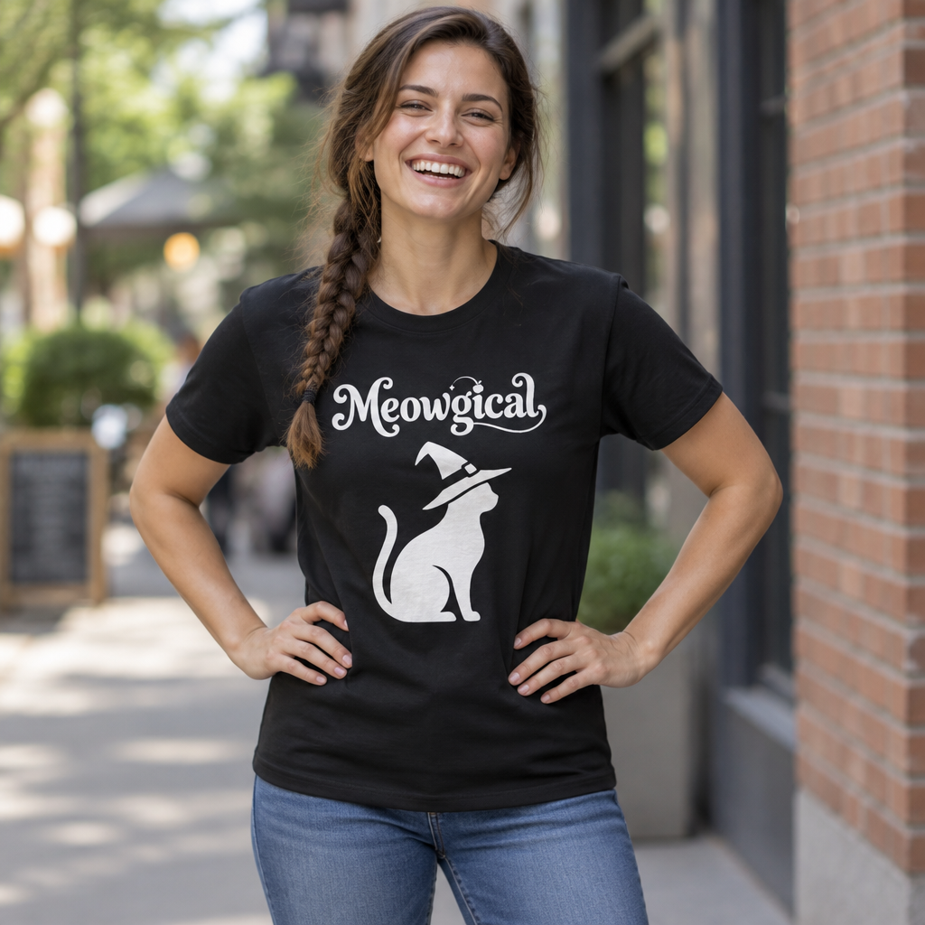 Meowgical Witch Cat T-Shirt | White Cat Silhouette Wearing A Witch's Hat | Ideal For Halloween or Any White Witches Out There Looking To Bring Some Magical Fun To Your Casual Wear | Shipped UK