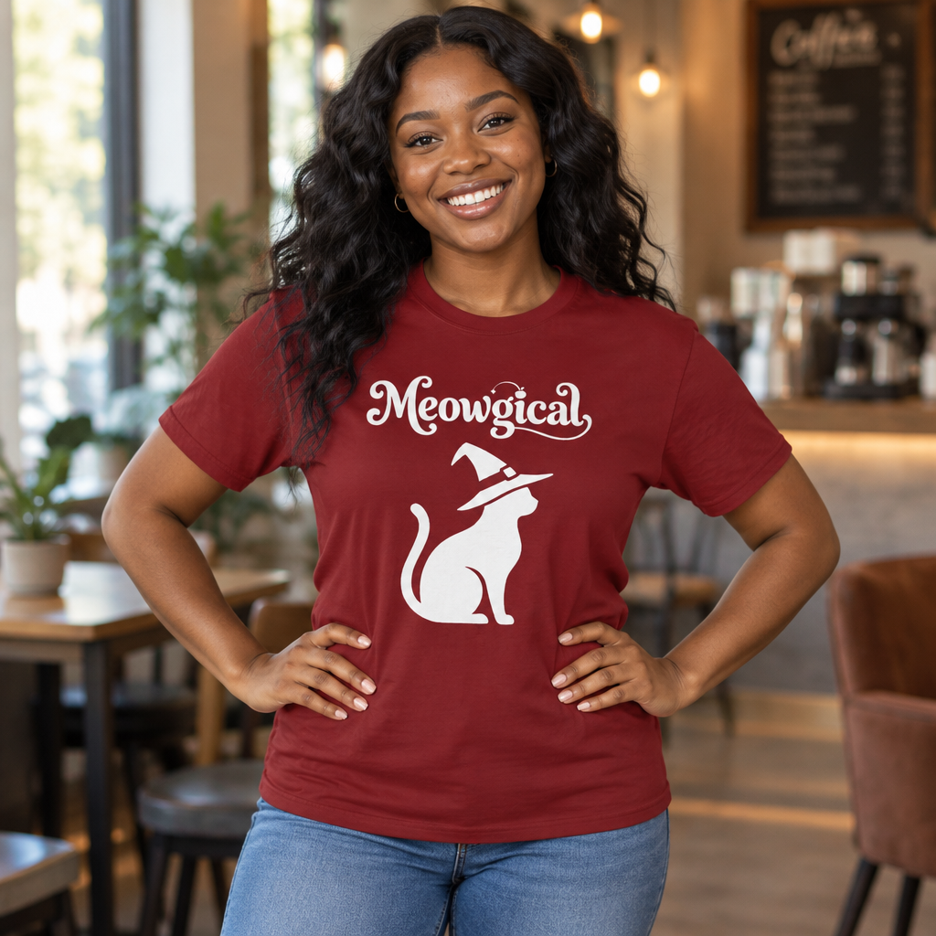 Meowgical Witch Cat T-Shirt | White Cat Silhouette Wearing A Witch's Hat | Ideal For Halloween or Any White Witches Out There Looking To Bring Some Magical Fun To Your Casual Wear | Shipped UK