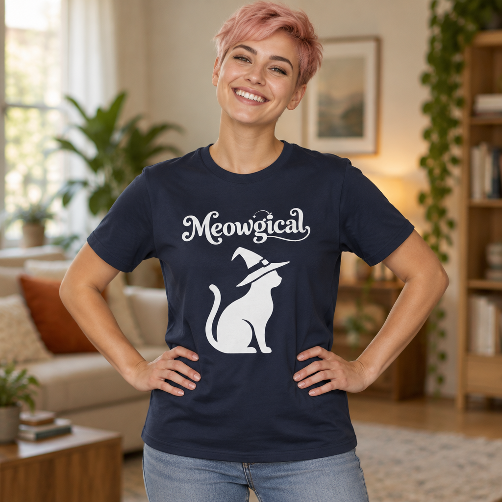 Meowgical Witch Cat T-Shirt | White Cat Silhouette Wearing A Witch's Hat | Ideal For Halloween or Any White Witches Out There Looking To Bring Some Magical Fun To Your Casual Wear | Shipped UK