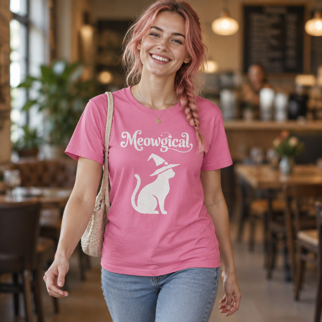 Meowgical Witch Cat T-Shirt | White Cat Silhouette Wearing A Witch's Hat | Ideal For Halloween or Any White Witches Out There Looking To Bring Some Magical Fun To Your Casual Wear | Shipped UK