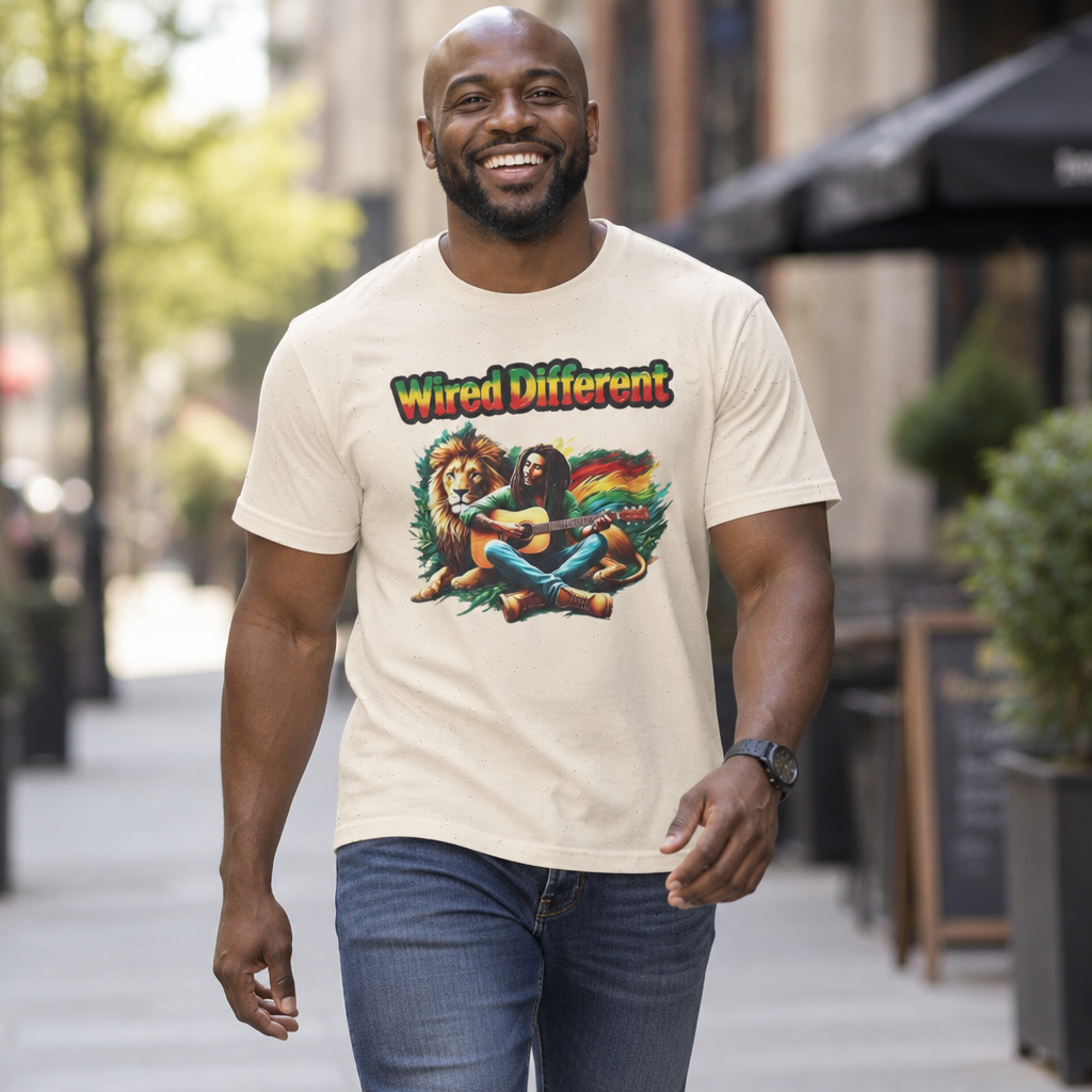 Rasta Bob, Reggae Lion Graphic T-Shirt | Rastafarian Guitar Musician Tee | Reggae Music Icon | Wired Different™ Slogan Shirt | Shipped USA