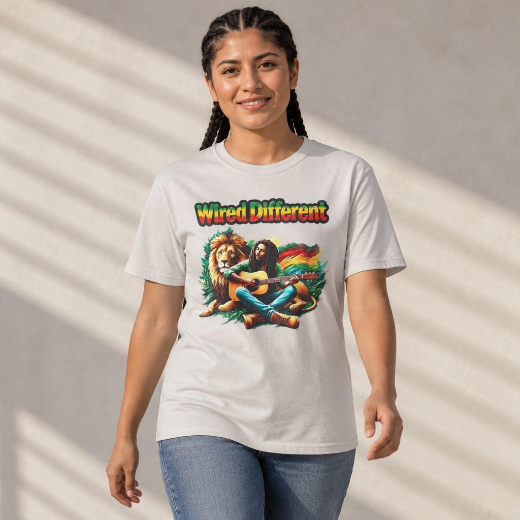 Rasta Bob, Reggae Lion Graphic T-Shirt | Rastafarian Guitar Musician Tee | Reggae Music Icon | Wired Different™ Slogan Shirt | Shipped USA