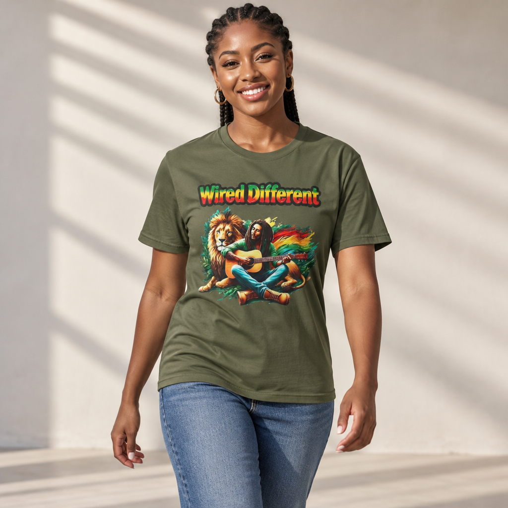 Rasta Bob, Reggae Lion Graphic T-Shirt | Rastafarian Guitar Musician Tee | Reggae Music Icon | Wired Different™ Slogan Shirt | Shipped USA