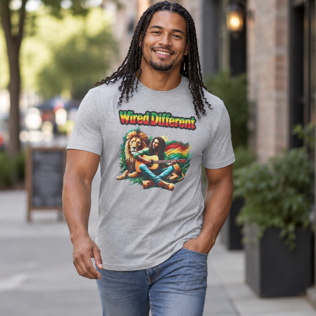 Rasta Bob, Reggae Lion Graphic T-Shirt | Rastafarian Guitar Musician Tee | Reggae Music Icon | Wired Different™ Slogan Shirt | Shipped USA