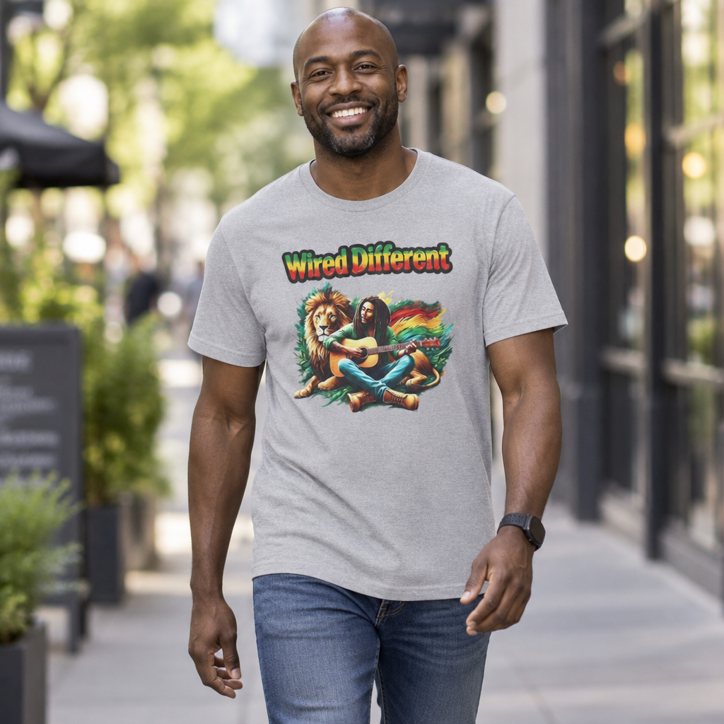 Rasta Bob, Reggae Lion Graphic T-Shirt | Rastafarian Guitar Musician Tee | Reggae Music Icon | Wired Different™ Slogan Shirt | Shipped USA