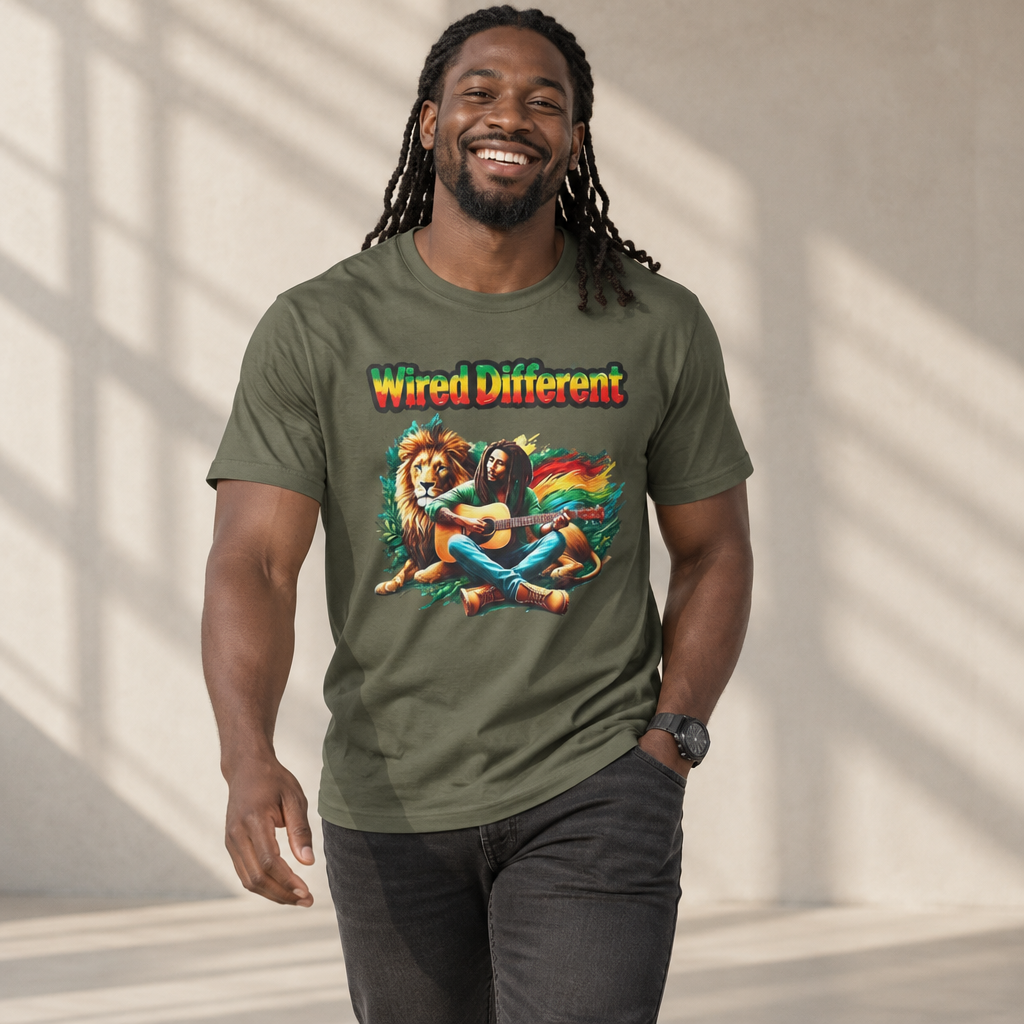 Rasta Bob, Reggae Lion Graphic T-Shirt | Rastafarian Guitar Musician Tee | Reggae Music Icon | Wired Different™ Slogan Shirt | Shipped USA