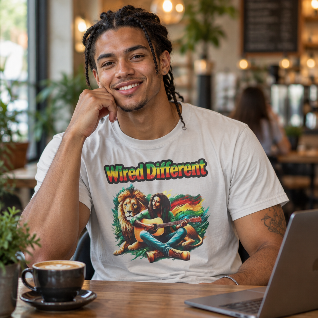 Rasta Bob, Reggae Lion Graphic T-Shirt | Rastafarian Guitar Musician Tee | Reggae Music Icon | Wired Different™ Slogan Shirt | Shipped USA