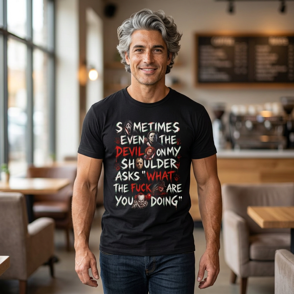 Devil On My Shoulder - Horror Movie Serial Killer Graphic T-Shirt — “Sometimes Even the Devil on My Shoulder Asks ‘What the F**k Are You Doing’” | Rated 18 Years & Over -  Shipped USA