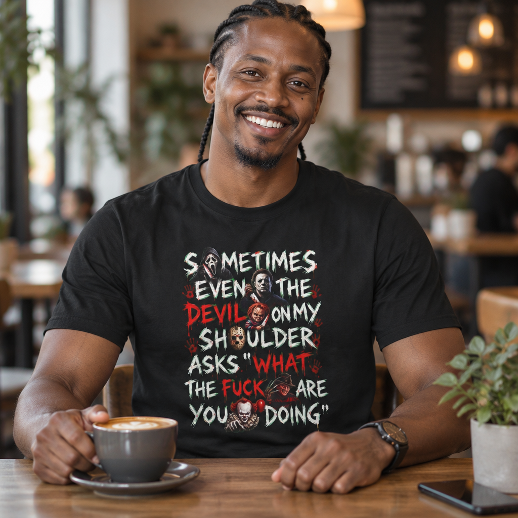 Devil On My Shoulder - Horror Movie Serial Killer Graphic T-Shirt — “Sometimes Even the Devil on My Shoulder Asks ‘What the F**k Are You Doing’” | Rated 18 Years & Over -  Shipped USA