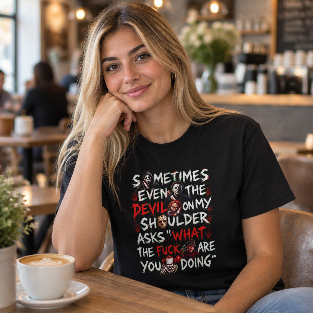 Devil On My Shoulder - Horror Movie Serial Killer Graphic T-Shirt — “Sometimes Even the Devil on My Shoulder Asks ‘What the F**k Are You Doing’” | Rated 18 Years & Over -  Shipped USA