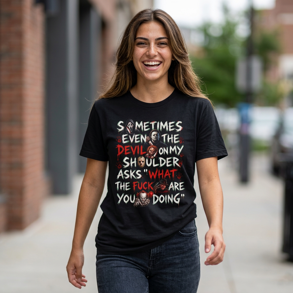 Devil On My Shoulder - Horror Movie Serial Killer Graphic T-Shirt — “Sometimes Even the Devil on My Shoulder Asks ‘What the F**k Are You Doing’” | Rated 18 Years & Over -  Shipped USA