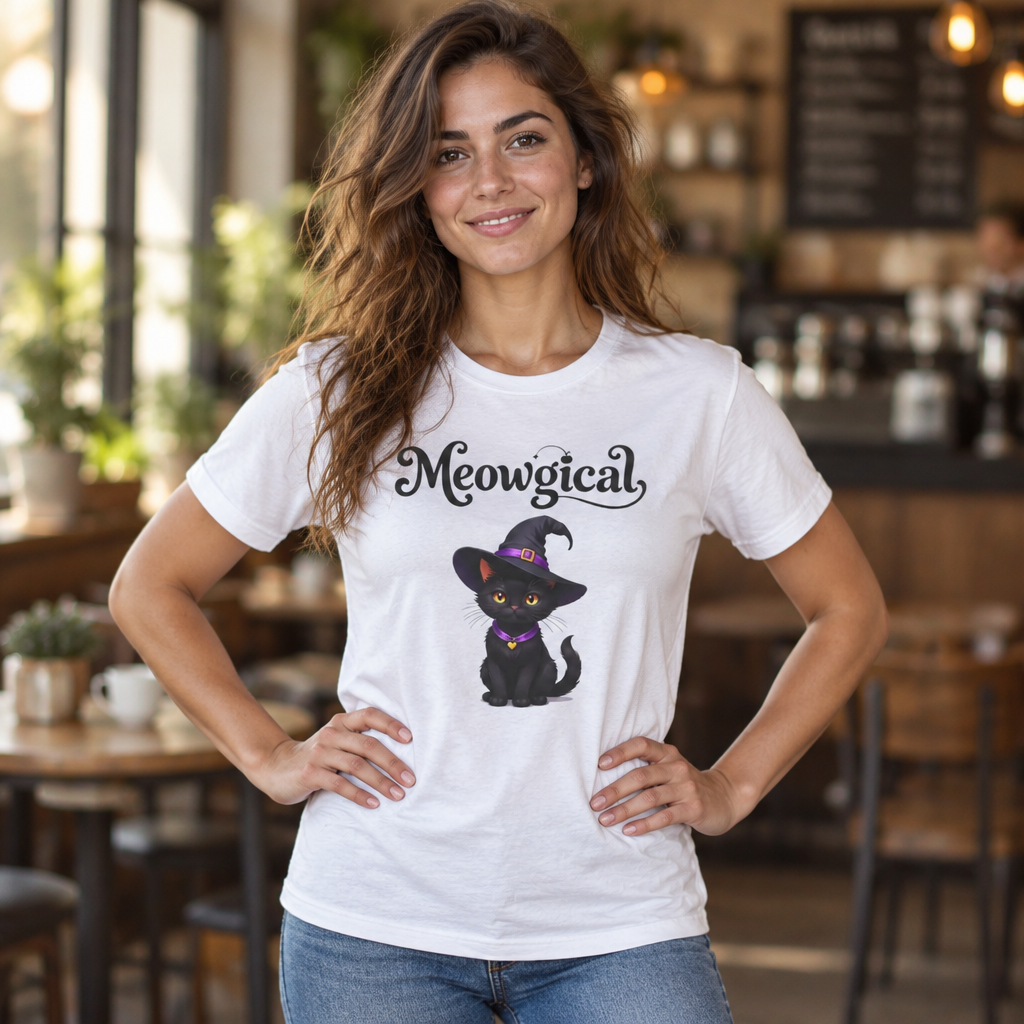 Meowgical Black Cat Wearing A Witch's Hat T-Shirt | Black Cat Portrait Tee | White Witch Cat Magical Cat T Shirt | For Halloween & Everyday Casual Fun | Shipped UK
