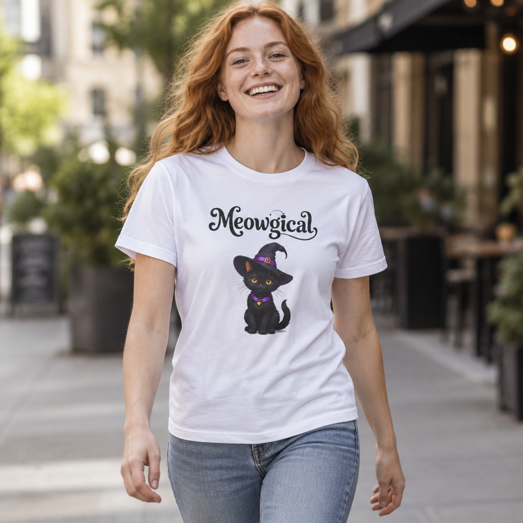 Meowgical Black Cat Wearing A Witch's Hat T-Shirt | Black Cat Portrait Tee | White Witch Cat Magical Cat T Shirt | For Halloween & Everyday Casual Fun | Shipped UK