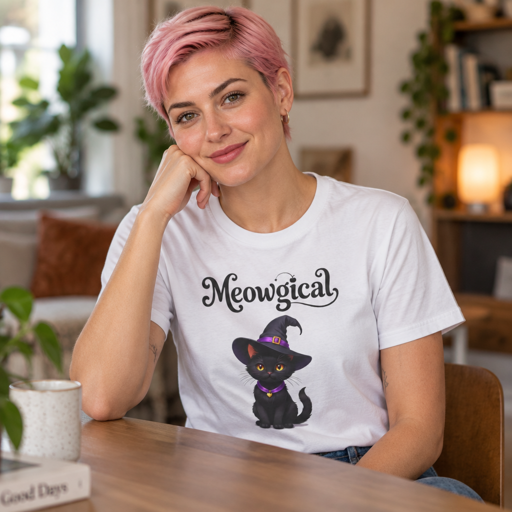 Meowgical Black Cat Wearing A Witch's Hat T-Shirt | Black Cat Portrait Tee | White Witch Cat Magical Cat T Shirt | For Halloween & Everyday Casual Fun | Shipped USA