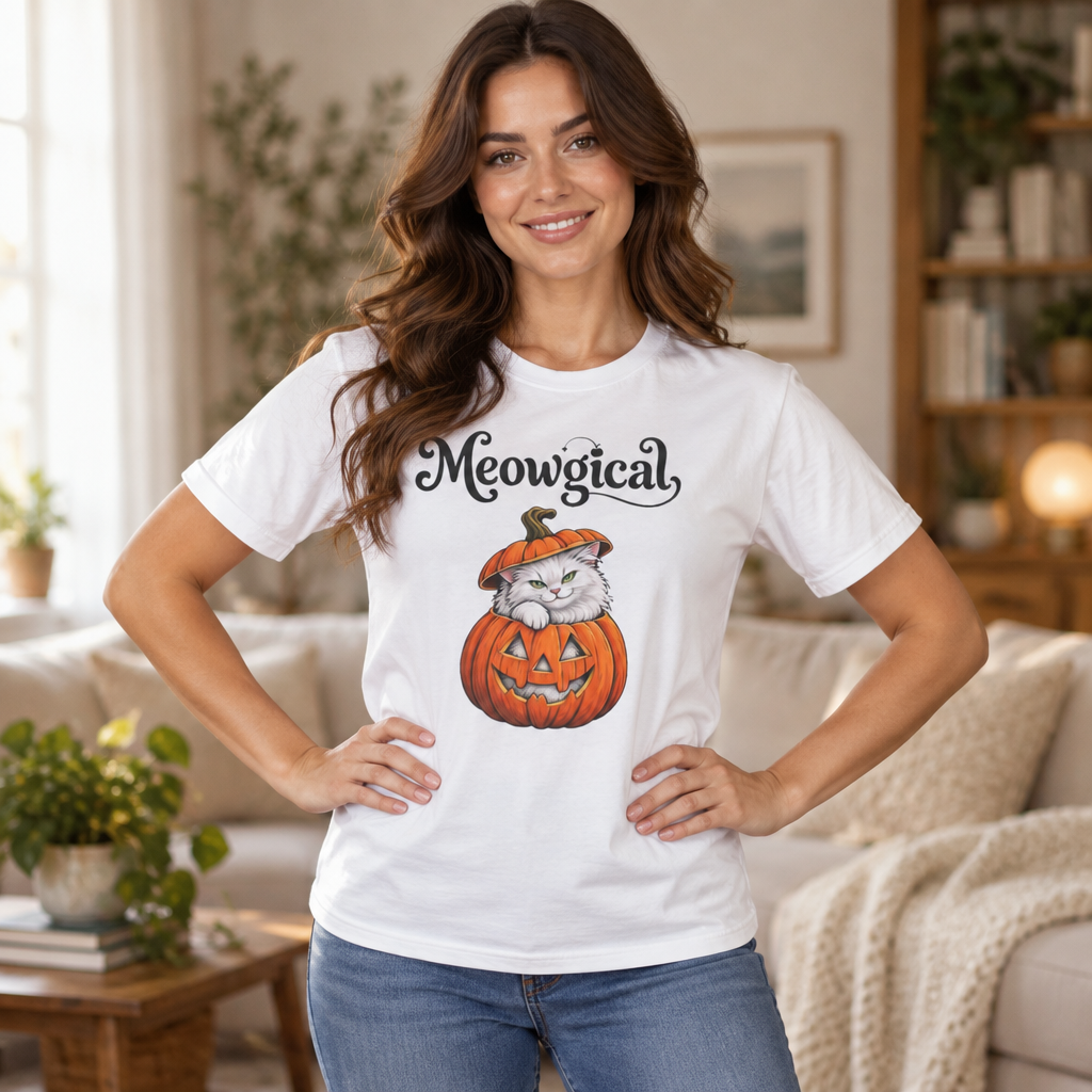 Meowgical Fluffy White Cat - Halloween Jack O'Lantern Pumpkin T-Shirt | White Cat Sitting Inside Pumpkin Halloween Tee | Casual Halloween T Shirt Gift For Her | Shipped UK