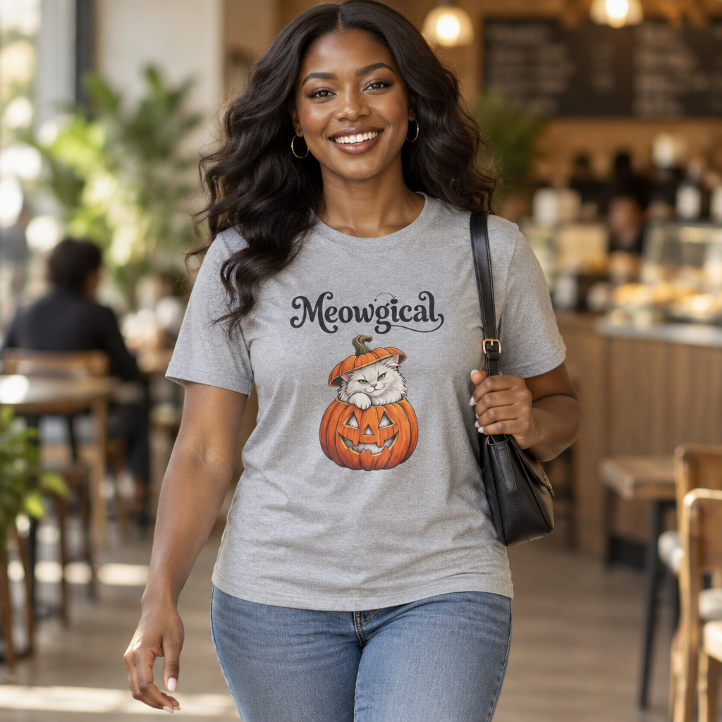 Meowgical Fluffy White Cat - Halloween Jack O'Lantern Pumpkin T-Shirt | White Cat Sitting Inside Pumpkin Halloween Tee | Casual Halloween T Shirt Gift For Her | Shipped UK