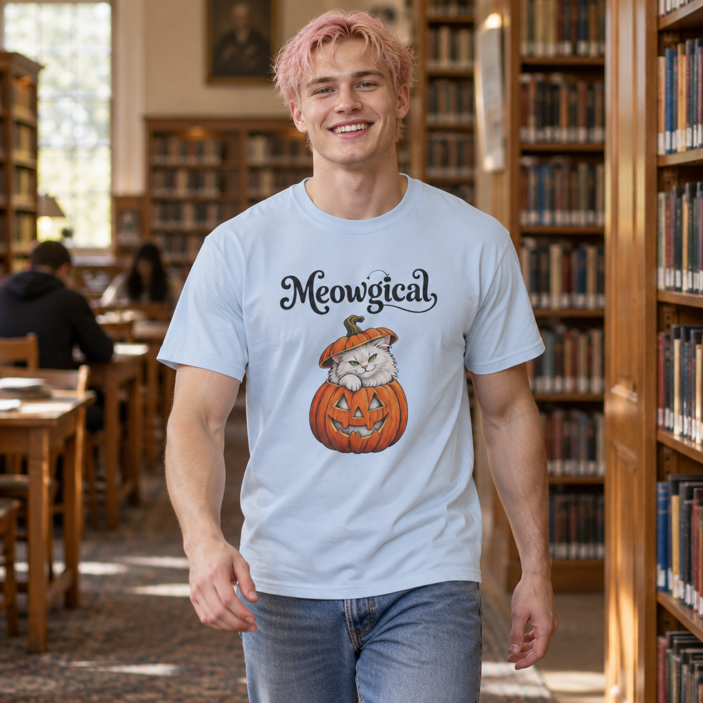 Meowgical Fluffy White Cat - Halloween Jack O'Lantern Pumpkin T-Shirt | White Cat Sitting Inside Pumpkin Halloween Tee | Casual Halloween T Shirt Gift For Her | Shipped UK