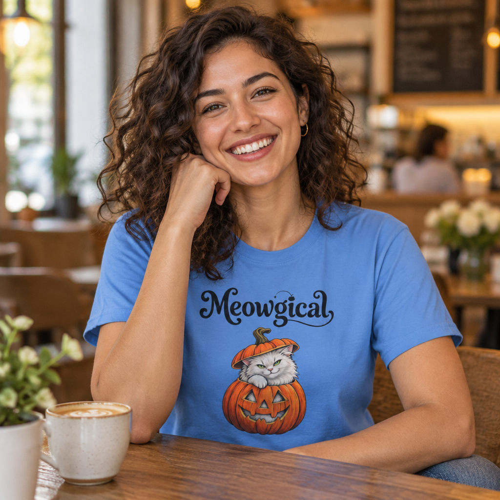 Meowgical Fluffy White Cat - Halloween Jack O'Lantern Pumpkin T-Shirt | White Cat Sitting Inside Pumpkin Halloween Tee | Casual Halloween T Shirt Gift For Her | Shipped UK