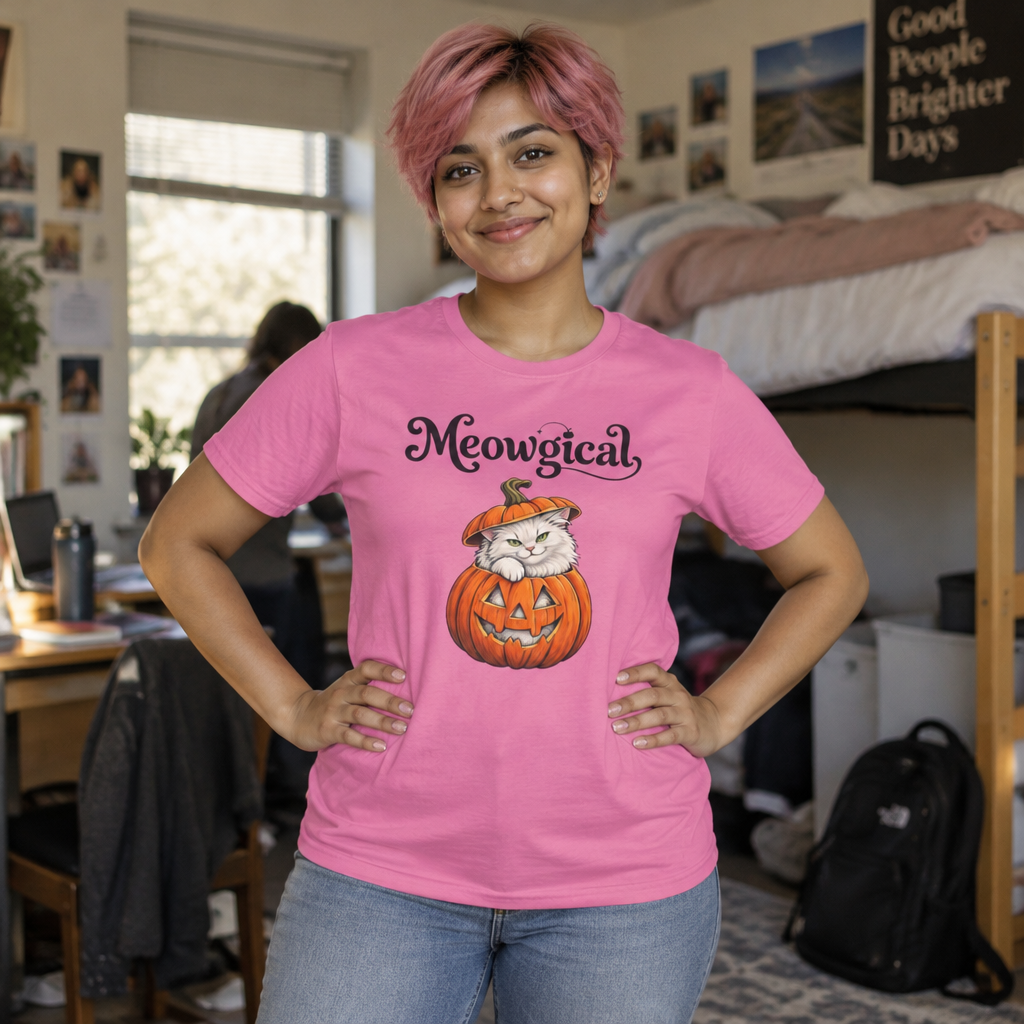 Meowgical Fluffy White Cat - Halloween Jack O'Lantern Pumpkin T-Shirt | White Cat Sitting Inside Pumpkin Halloween Tee | Casual Halloween T Shirt Gift For Her | Shipped UK