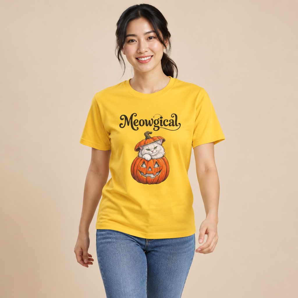 Meowgical Fluffy White Cat - Halloween Jack O'Lantern Pumpkin T-Shirt | White Cat Sitting Inside Pumpkin Halloween Tee | Casual Halloween T Shirt Gift For Her | Shipped USA