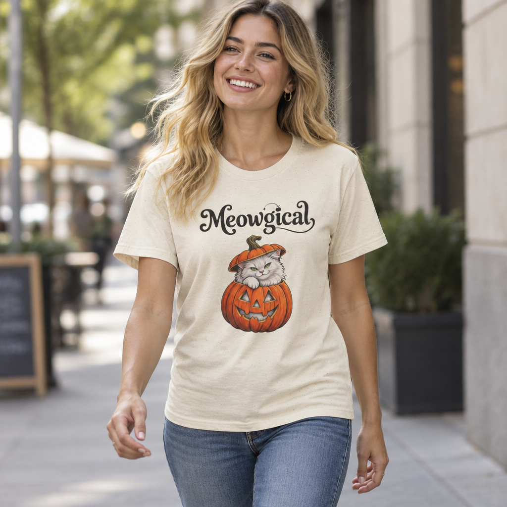 Meowgical Fluffy White Cat - Halloween Jack O'Lantern Pumpkin T-Shirt | White Cat Sitting Inside Pumpkin Halloween Tee | Casual Halloween T Shirt Gift For Her | Shipped USA