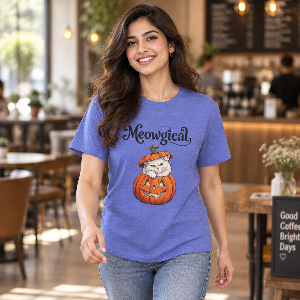 Meowgical Fluffy White Cat - Halloween Jack O'Lantern Pumpkin T-Shirt | White Cat Sitting Inside Pumpkin Halloween Tee | Casual Halloween T Shirt Gift For Her | Shipped USA