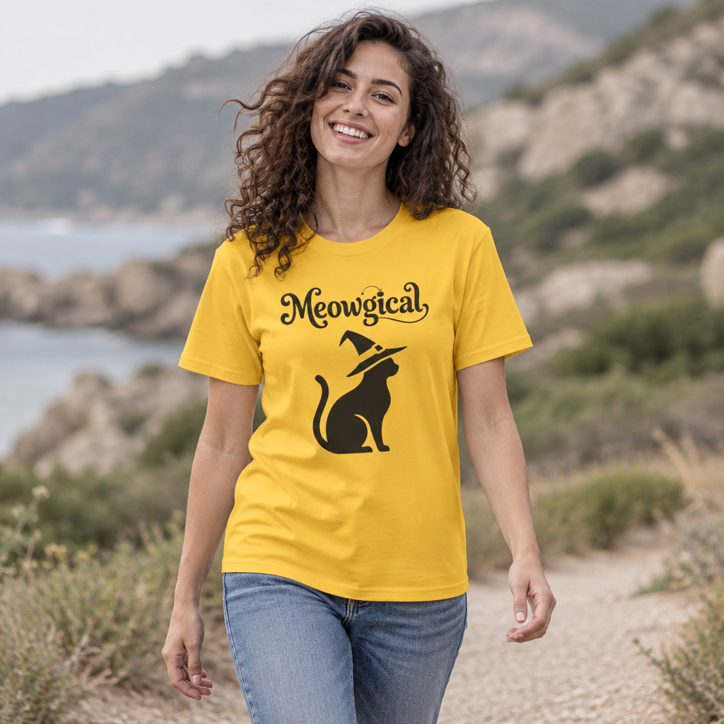 Meowgical Witch Cat T-Shirt | Black Cat Silhouette Wearing A Witch's Hat | Ideal For Halloween or Any White Witches Out There Looking To Bring Some Magical Fun To Your Casual Wear | Shipped USA