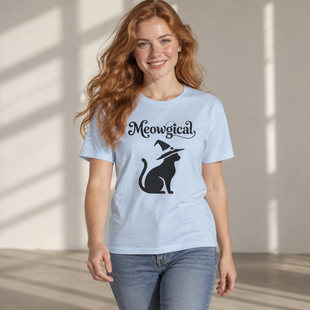 Meowgical Witch Cat T-Shirt | Black Cat Silhouette Wearing A Witch's Hat | Ideal For Halloween or Any White Witches Out There Looking To Bring Some Magical Fun To Your Casual Wear | Shipped USA
