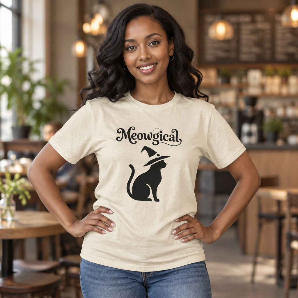 Meowgical Witch Cat T-Shirt | Black Cat Silhouette Wearing A Witch's Hat | Ideal For Halloween or Any White Witches Out There Looking To Bring Some Magical Fun To Your Casual Wear | Shipped USA
