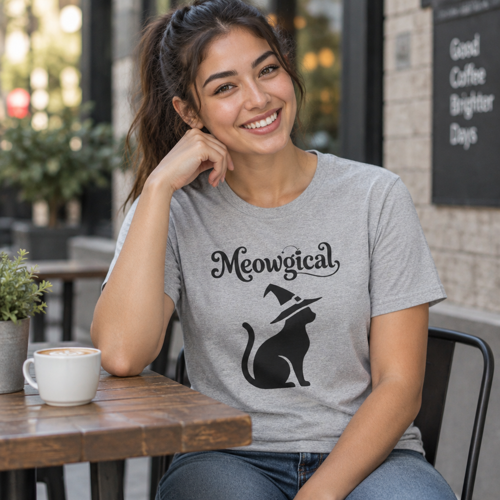 Meowgical Witch Cat T-Shirt | Black Cat Silhouette Wearing A Witch's Hat | Ideal For Halloween or Any White Witches Out There Looking To Bring Some Magical Fun To Your Casual Wear | Shipped USA