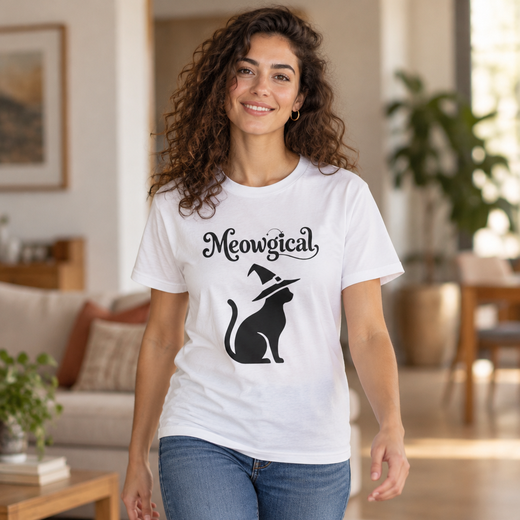 Meowgical Witch Cat T-Shirt | Black Cat Silhouette Wearing A Witch's Hat | Ideal For Halloween or Any White Witches Out There Looking To Bring Some Magical Fun To Your Casual Wear | Shipped USA
