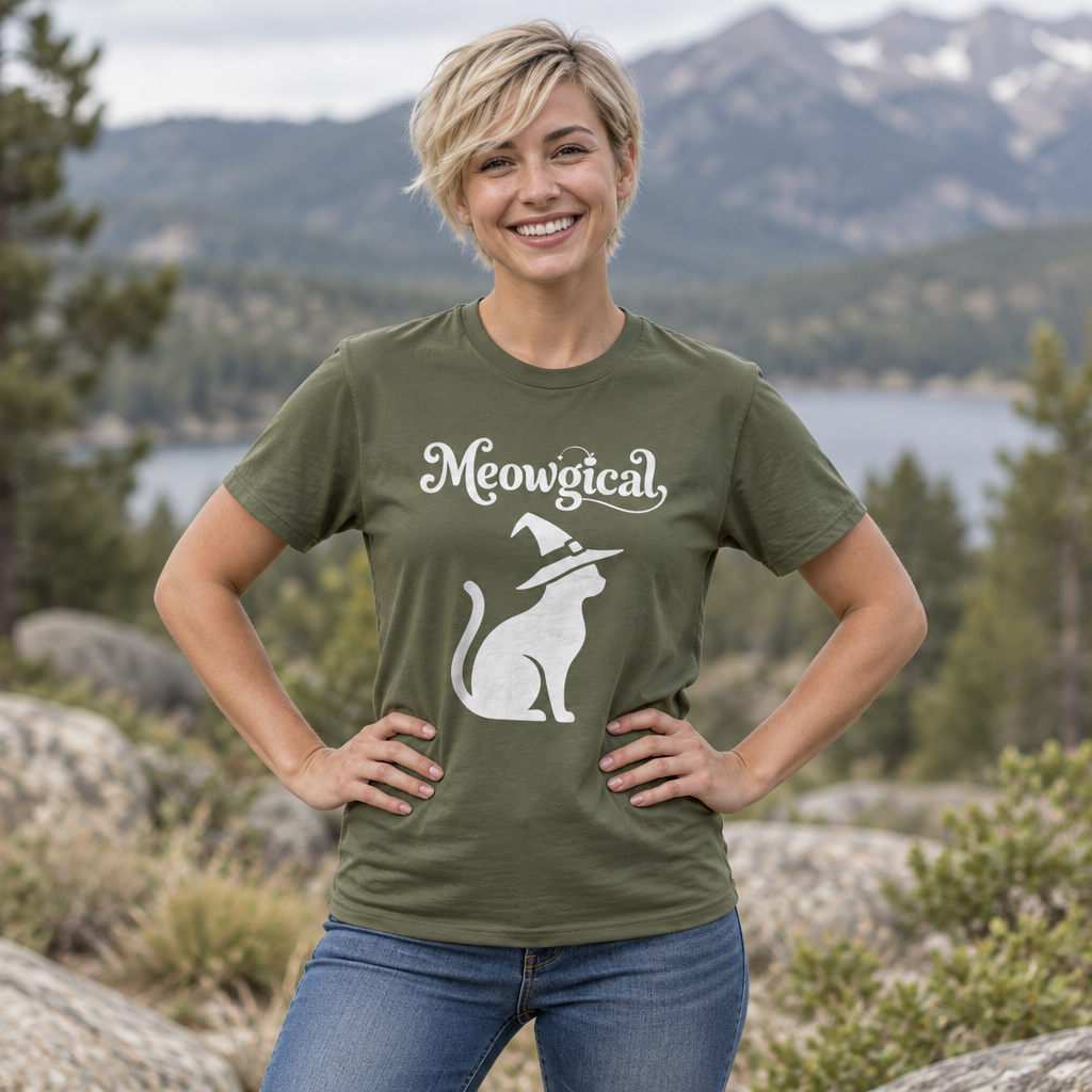 Meowgical Witch Cat T-Shirt | White Cat Silhouette Wearing A Witch's Hat | Ideal For Halloween or Any White Witches Out There Looking To Bring Some Magical Fun To Your Casual Wear | Shipped USA