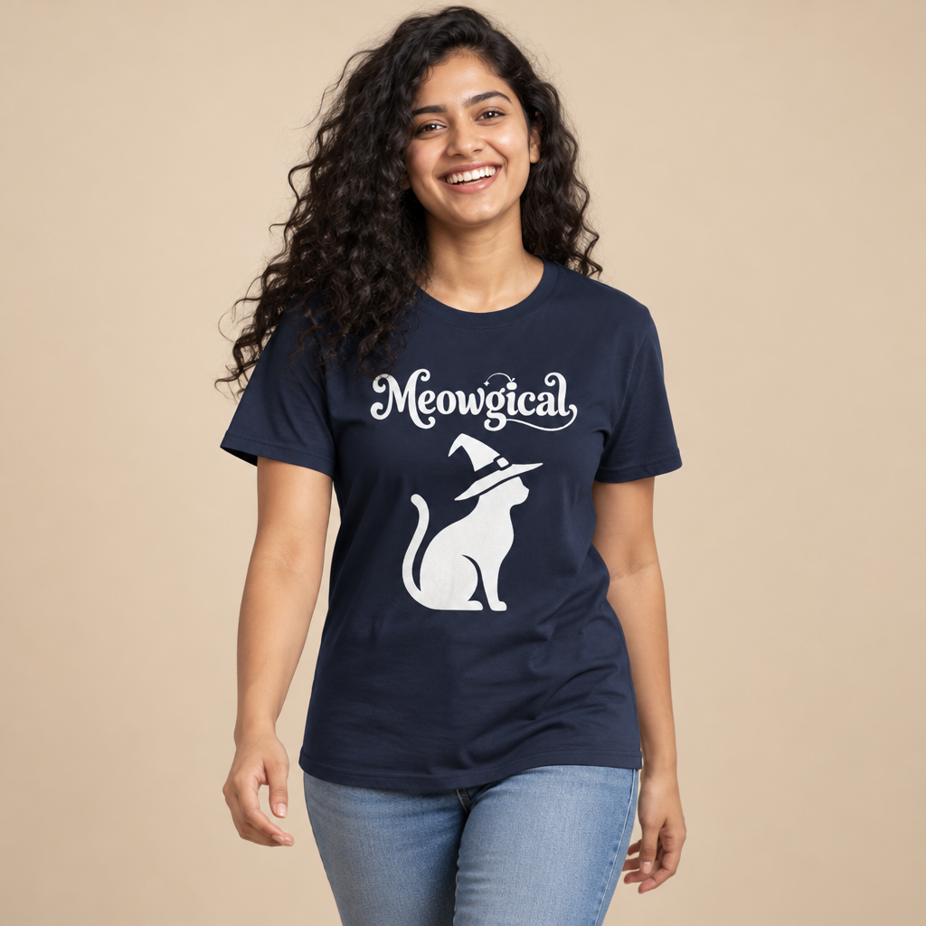 Meowgical Witch Cat T-Shirt | White Cat Silhouette Wearing A Witch's Hat | Ideal For Halloween or Any White Witches Out There Looking To Bring Some Magical Fun To Your Casual Wear | Shipped USA