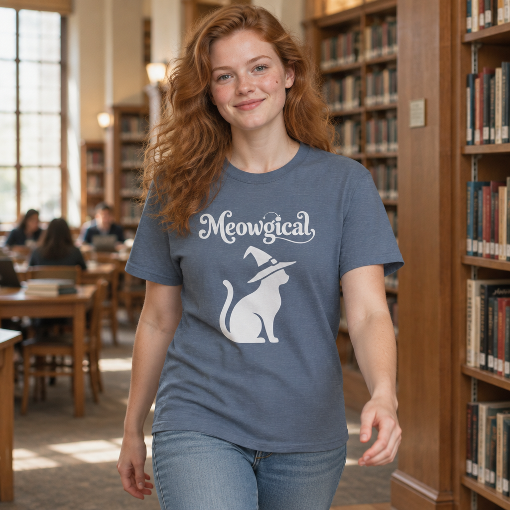Meowgical Witch Cat T-Shirt | White Cat Silhouette Wearing A Witch's Hat | Ideal For Halloween or Any White Witches Out There Looking To Bring Some Magical Fun To Your Casual Wear | Shipped USA